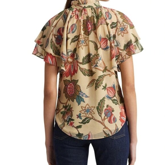 Lauren Ralph Lauren Floral Crinkle Georgette Tie-Neck Blouse Flowy Chiffon Sz 3X - Picture 3 of 7